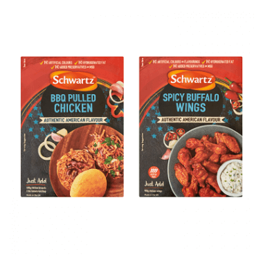 Schwartz Authentic US BBQ Pulled Chicken & Spicy Buffalo Wings Recipe Mixes
