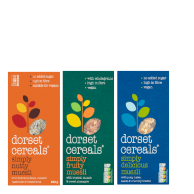 dorset cereals Simply Nutty Muesli, Simply Fruity, Simply Delicious