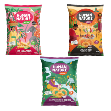 Human Nature hot jalapeño and lime flavour lentil sticks,  Onion flavour Pea rings, Smoky BBQ flavour Pea Rings