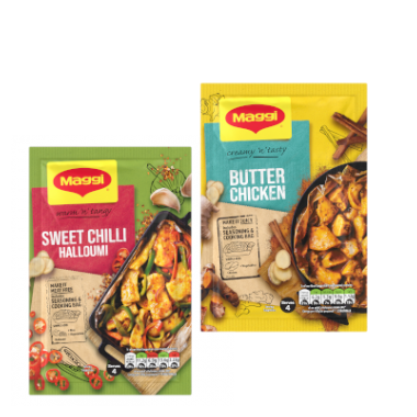 Maggi So Juicy Butter Chicken Herbs and Spices Recipe Mix, Maggi So Juicy Sweet Chilli Halloumi Herbs and Spices Recipe Mix