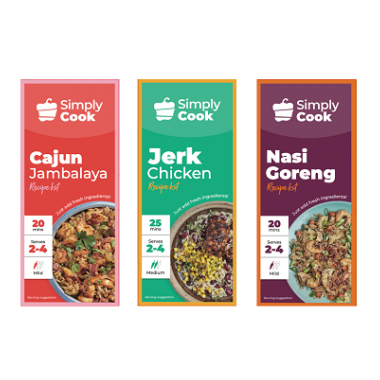 Jerk Chicken Recipe Kit, Cajun Jambalaya Recipe Kit and Nasi Goreng Recipe Kit